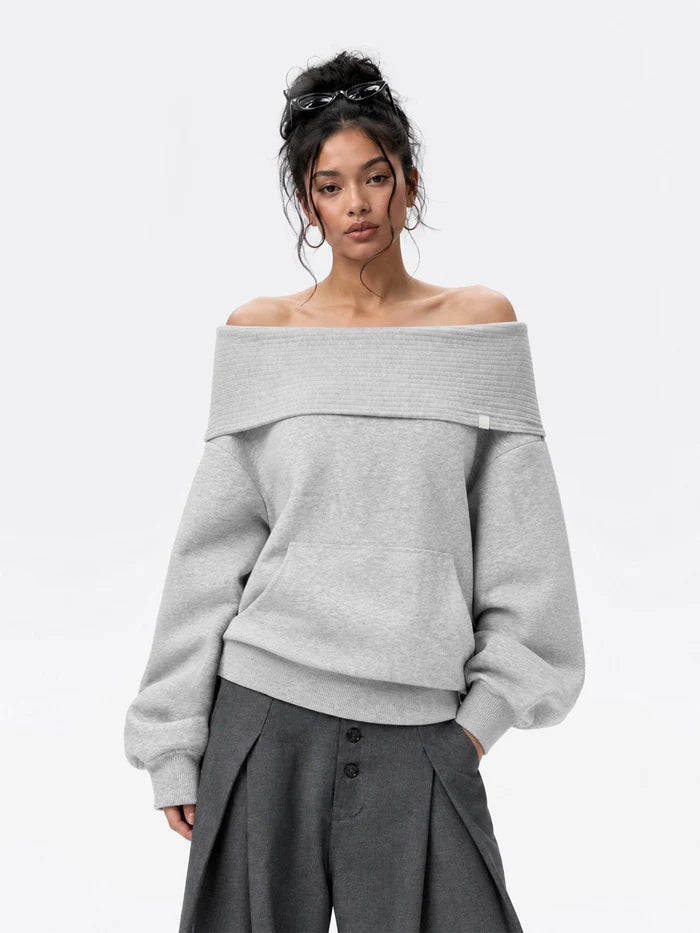 Co-ed Dorm Skimming Off-Shoulder Fold-over Top - Grey