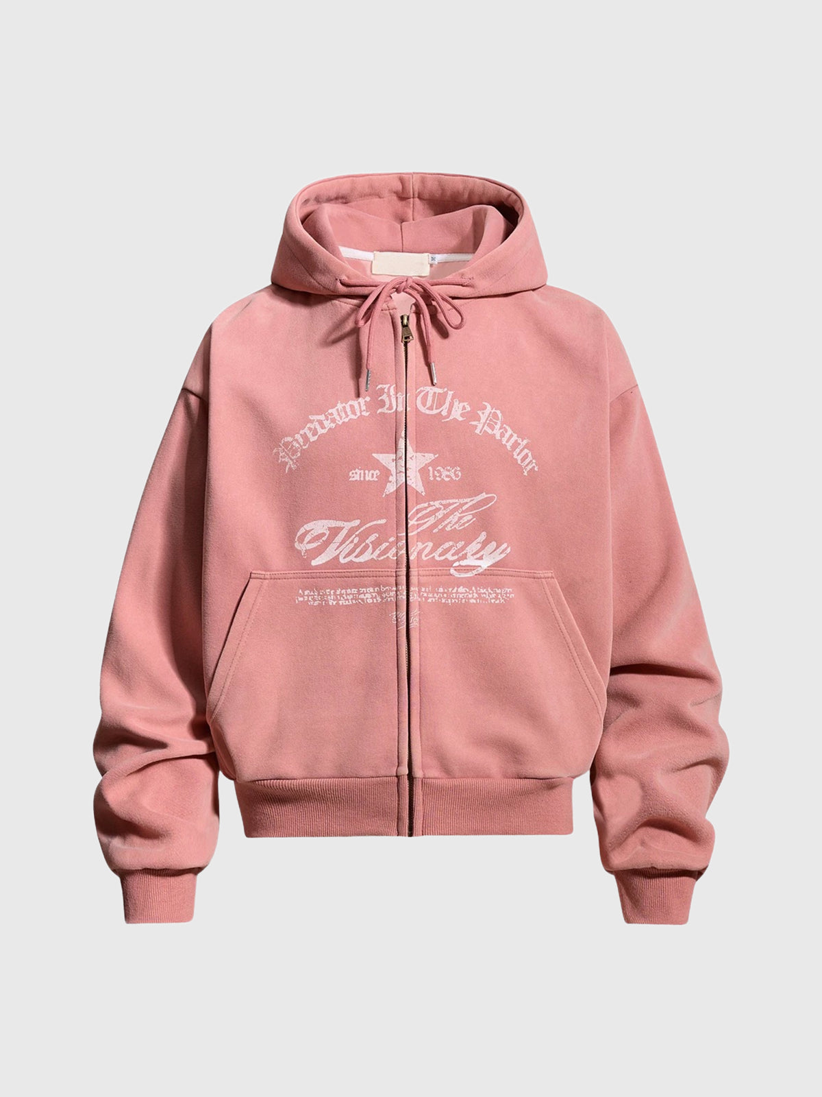 Co-ed Dorm Baggy Star Embroidery Zip-up Hoodie - Pink