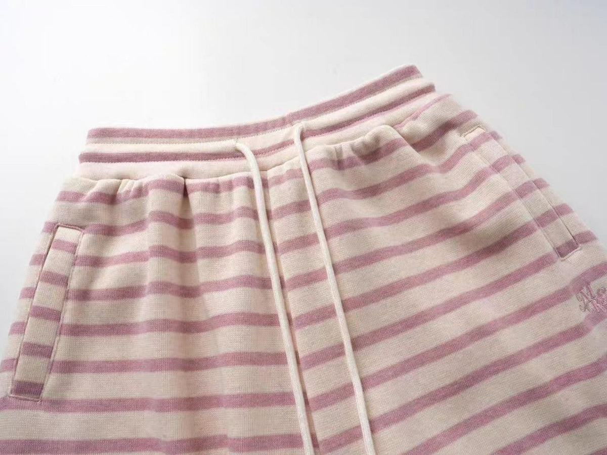 Brick Lane Striped Drawstring Wide-Leg Maxi Pants - Pink/White