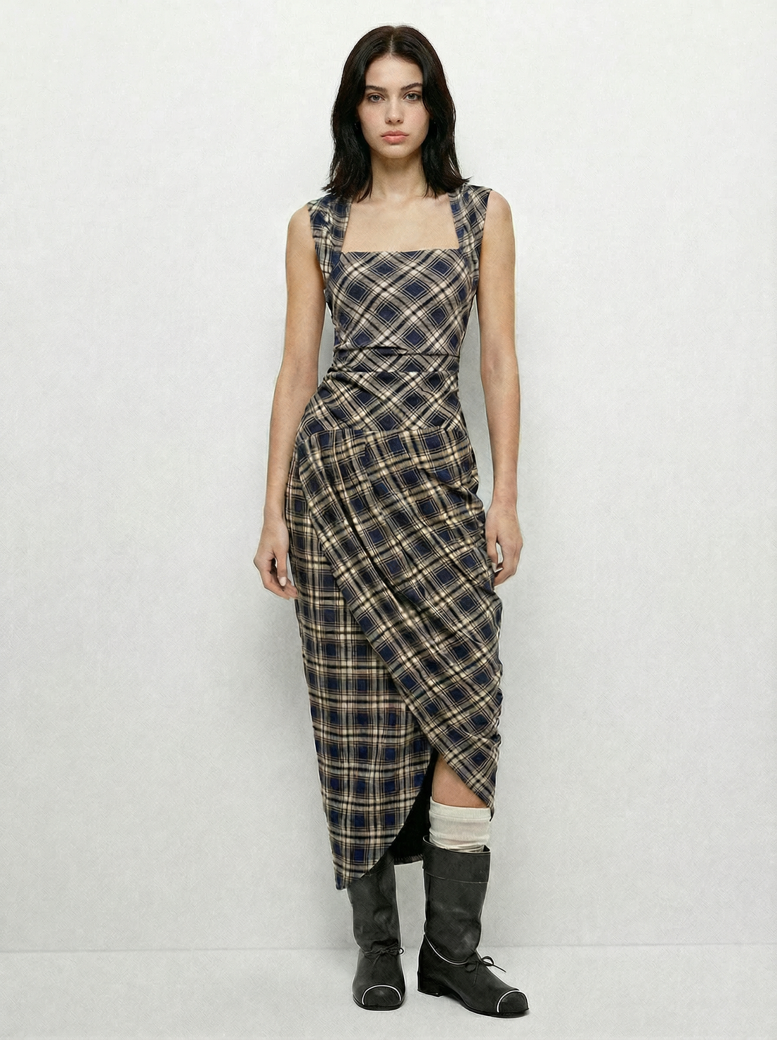 Puzzle Check Waist Dress - Cocoa Brown