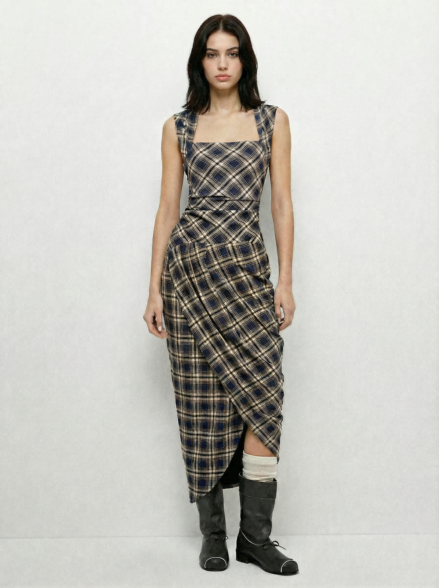 Puzzle Check Waist Dress - Cocoa Brown