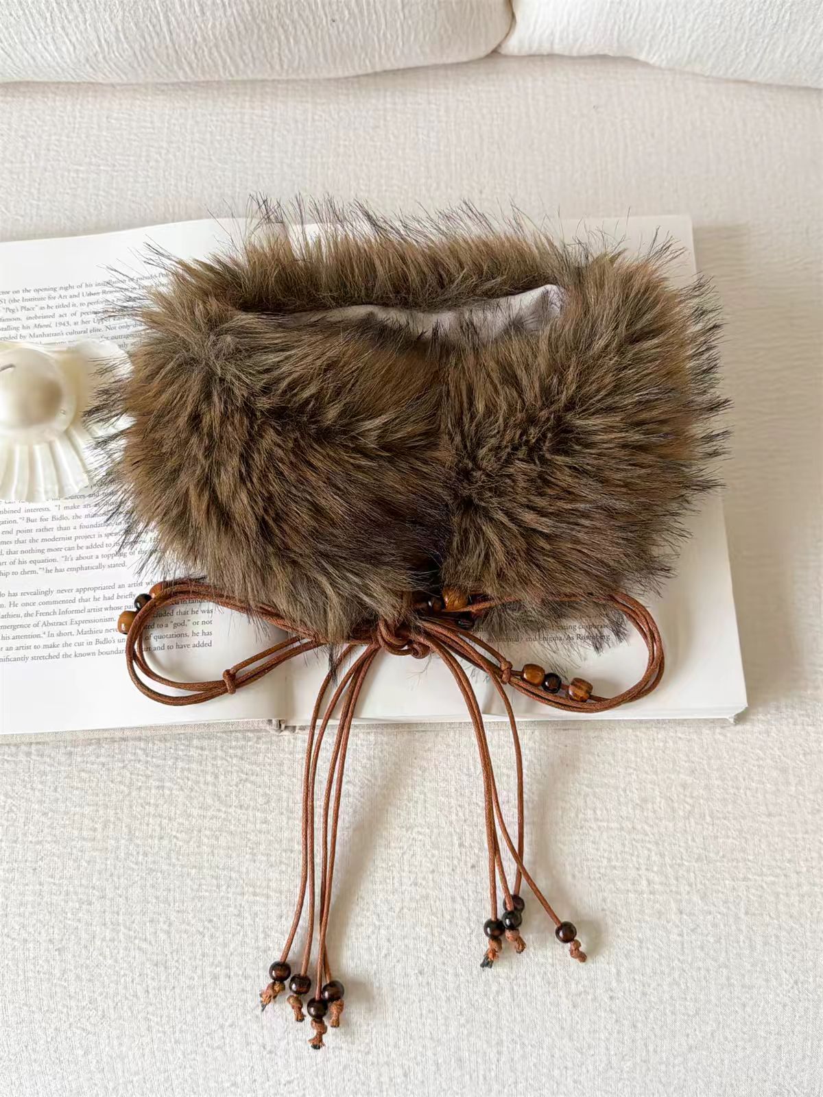 Brick Lane Faux Fur Tie-Front Collar Scarf - Brown