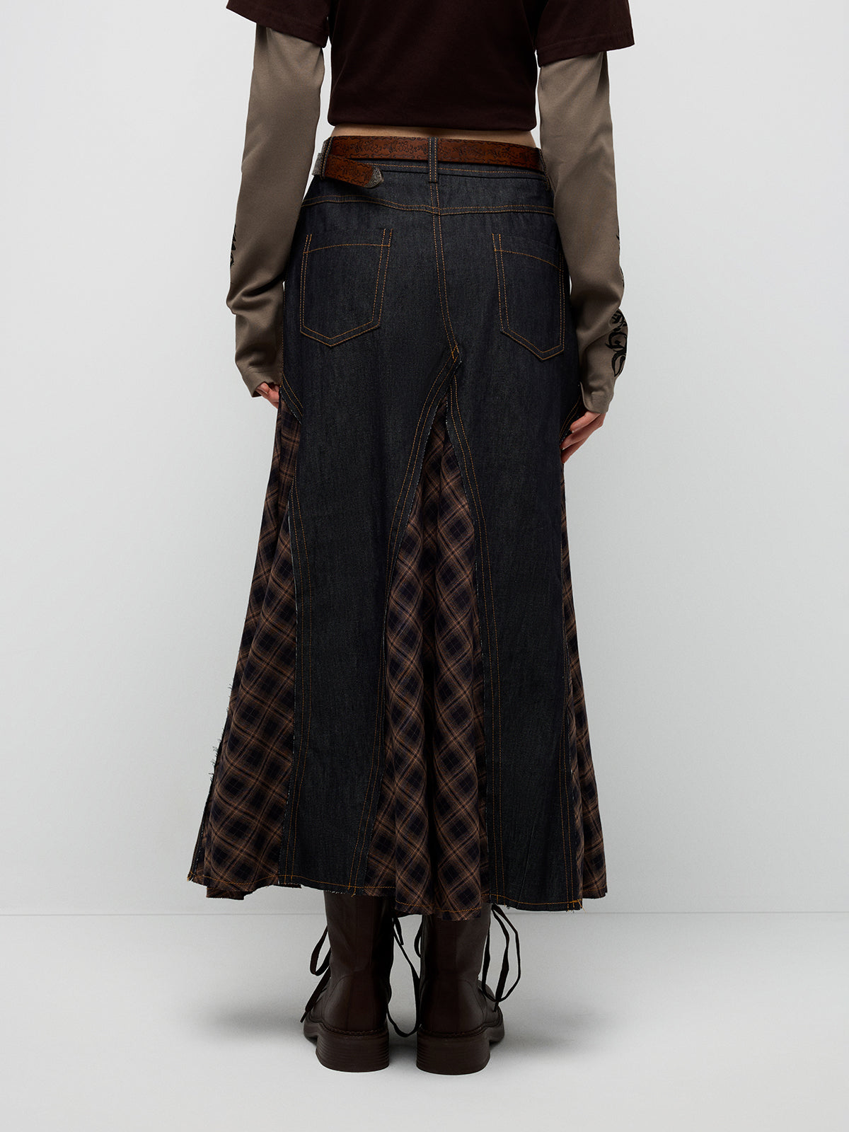 Denim & Plaid Midi Skirt - Black Brown