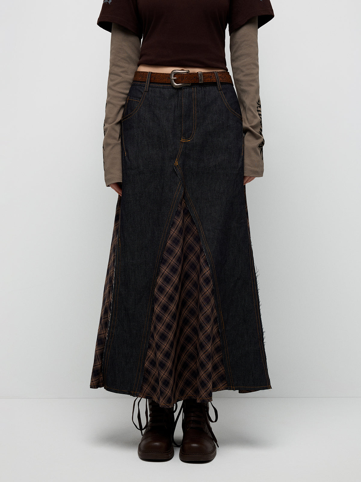 Denim & Plaid Midi Skirt - Black Brown