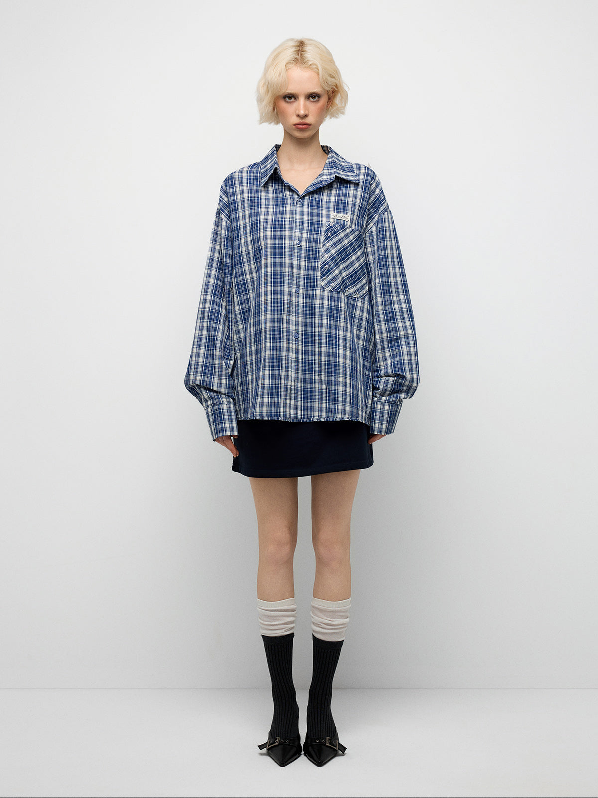 Blue Plaid Embroidered Detail Shirt – Navy Blue