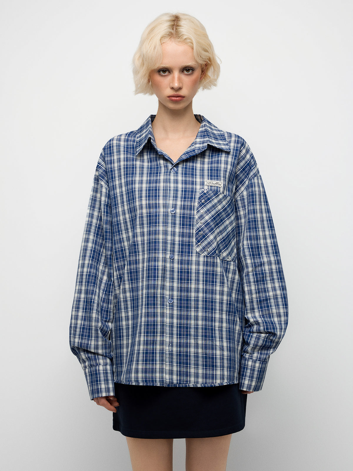 Blue Plaid Embroidered Detail Shirt – Navy Blue