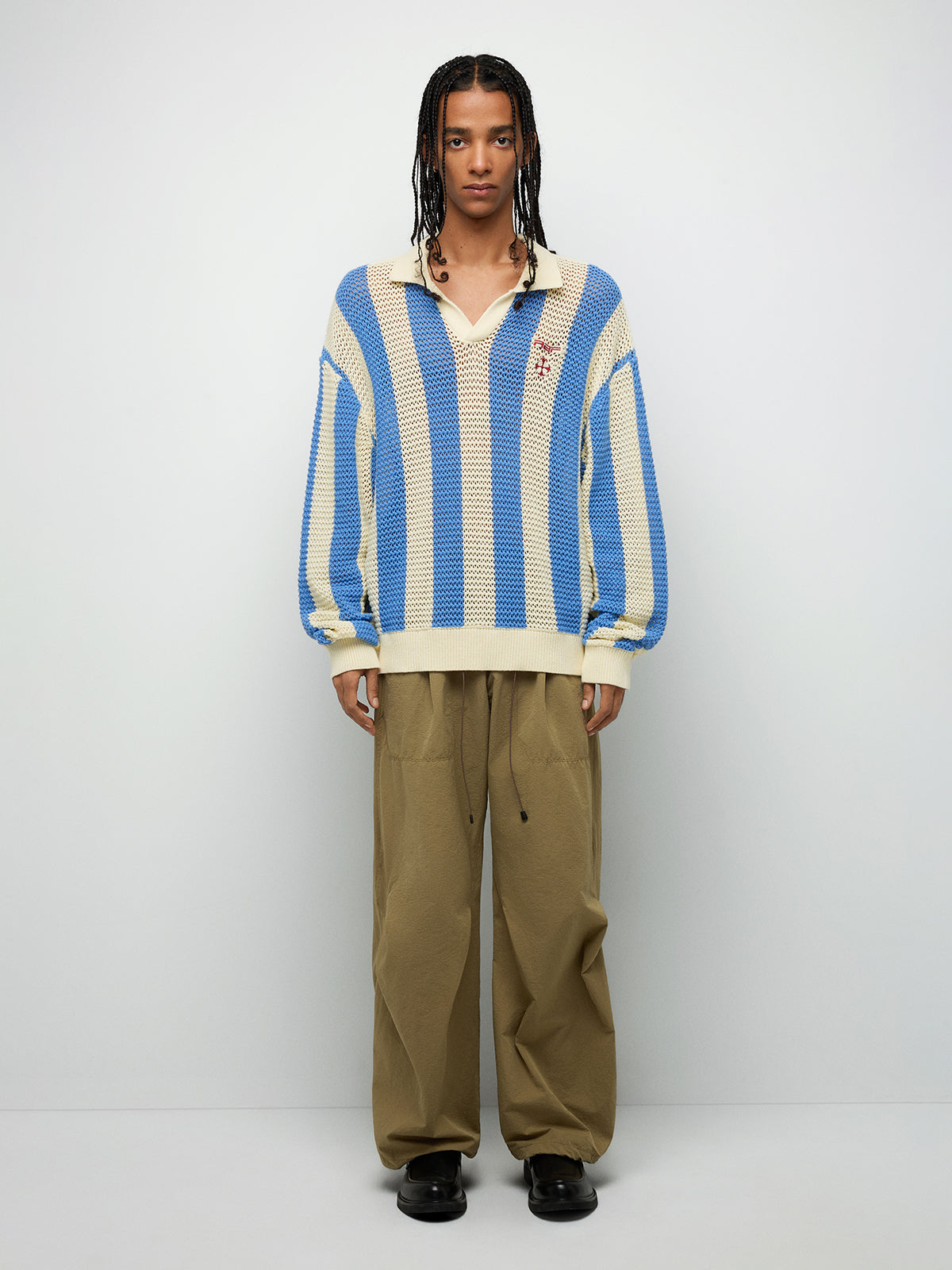Striped Open-Knit Long Sleeve Polo – Sky Blue