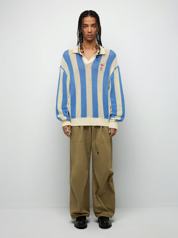 Striped Open-Knit Long Sleeve Polo – Sky Blue
