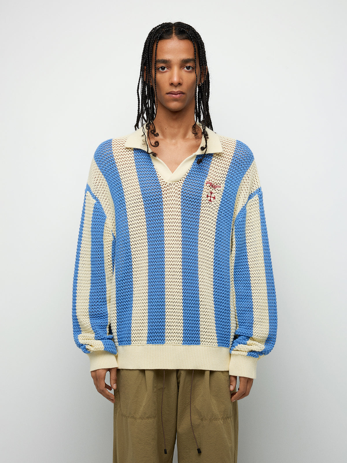 Striped Open-Knit Long Sleeve Polo – Sky Blue