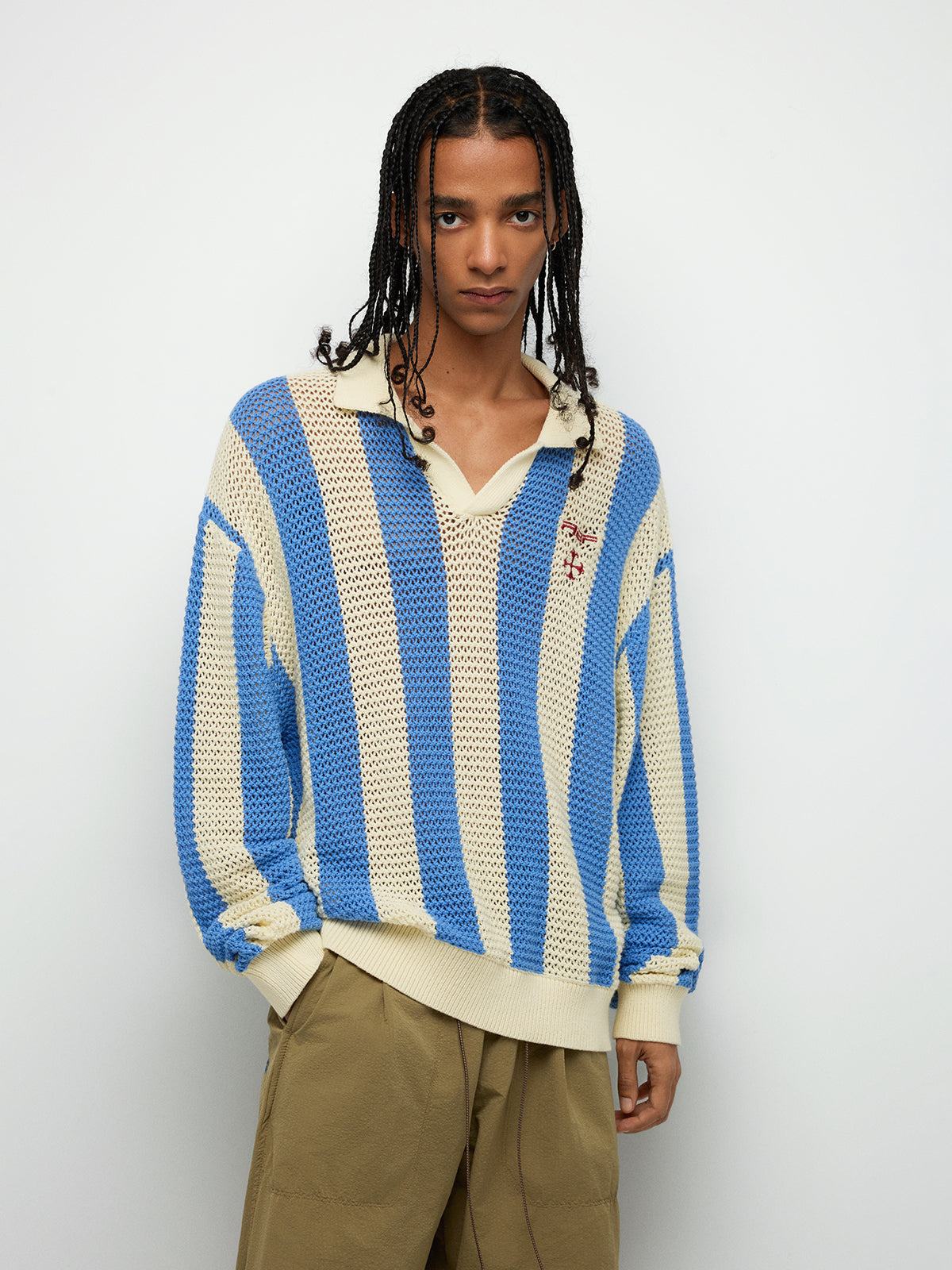 Striped Open-Knit Long Sleeve Polo – Sky Blue