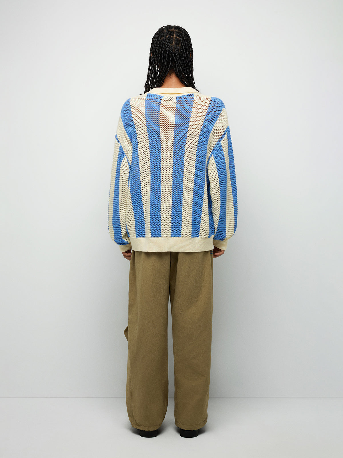 Striped Open-Knit Long Sleeve Polo – Sky Blue