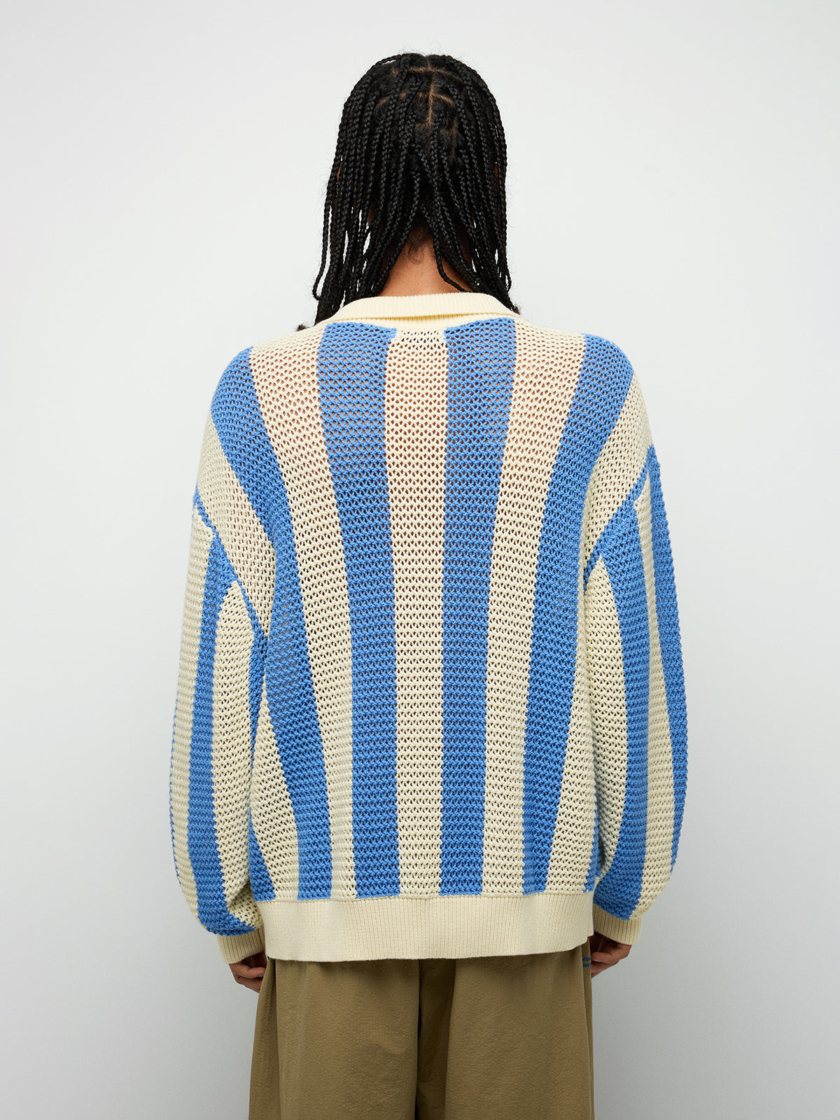 Striped Open-Knit Long Sleeve Polo – Sky Blue