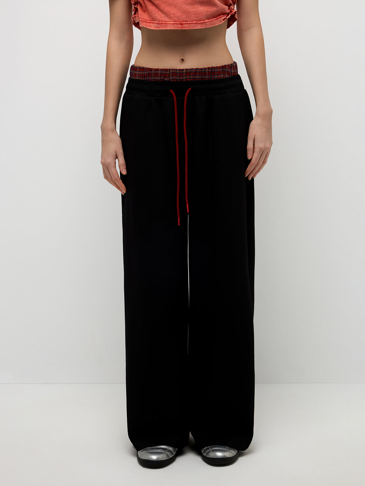 Plaid Waistband Pants - Red Black