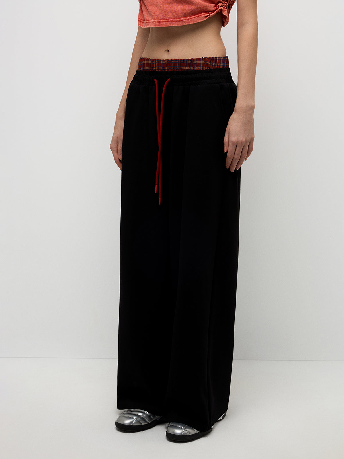 Plaid Waistband Pants - Red Black