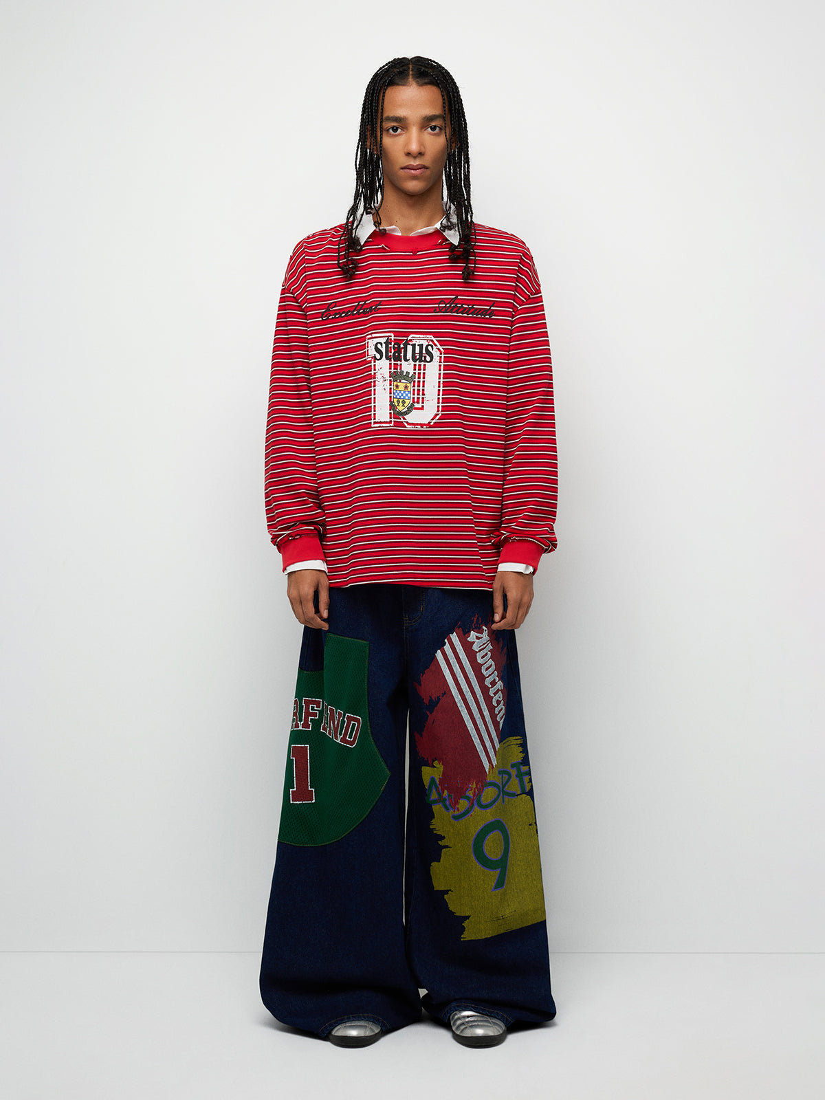 Patchwork Wide-Leg Denim Jeans – Denim Blue