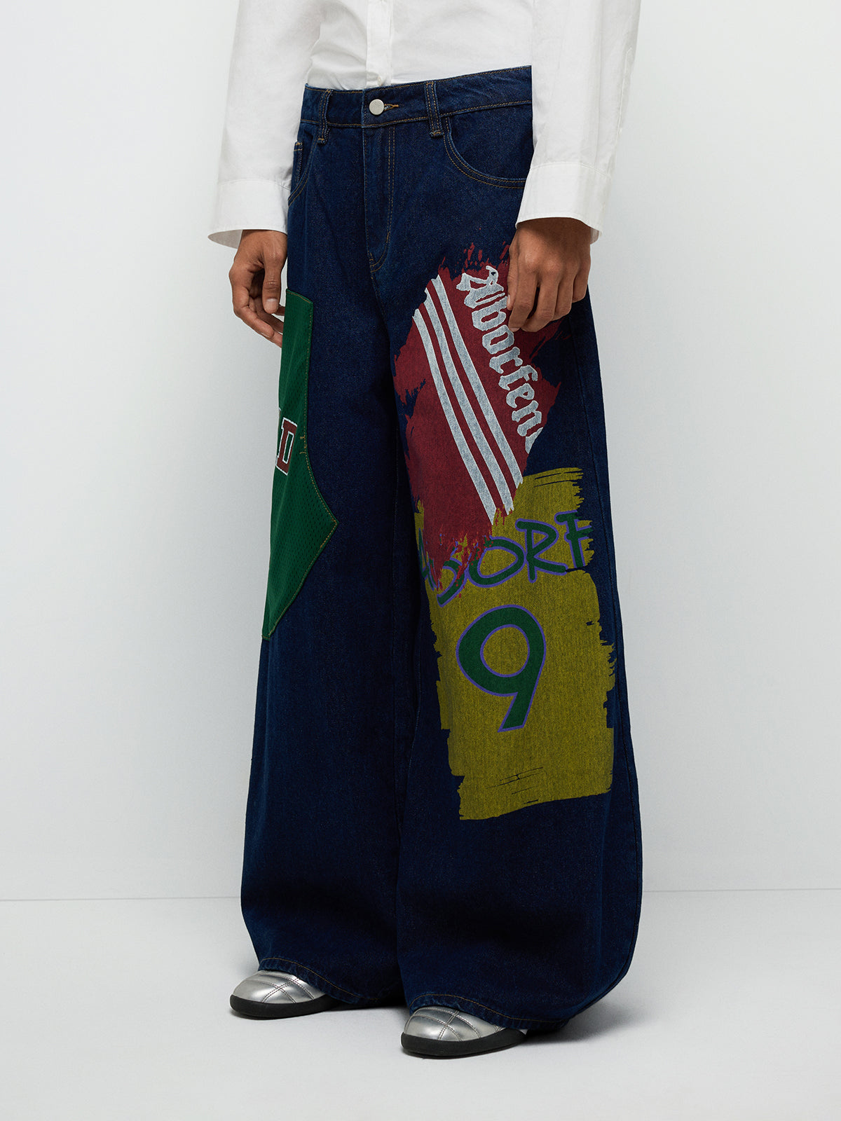 Patchwork Wide-Leg Denim Jeans – Denim Blue