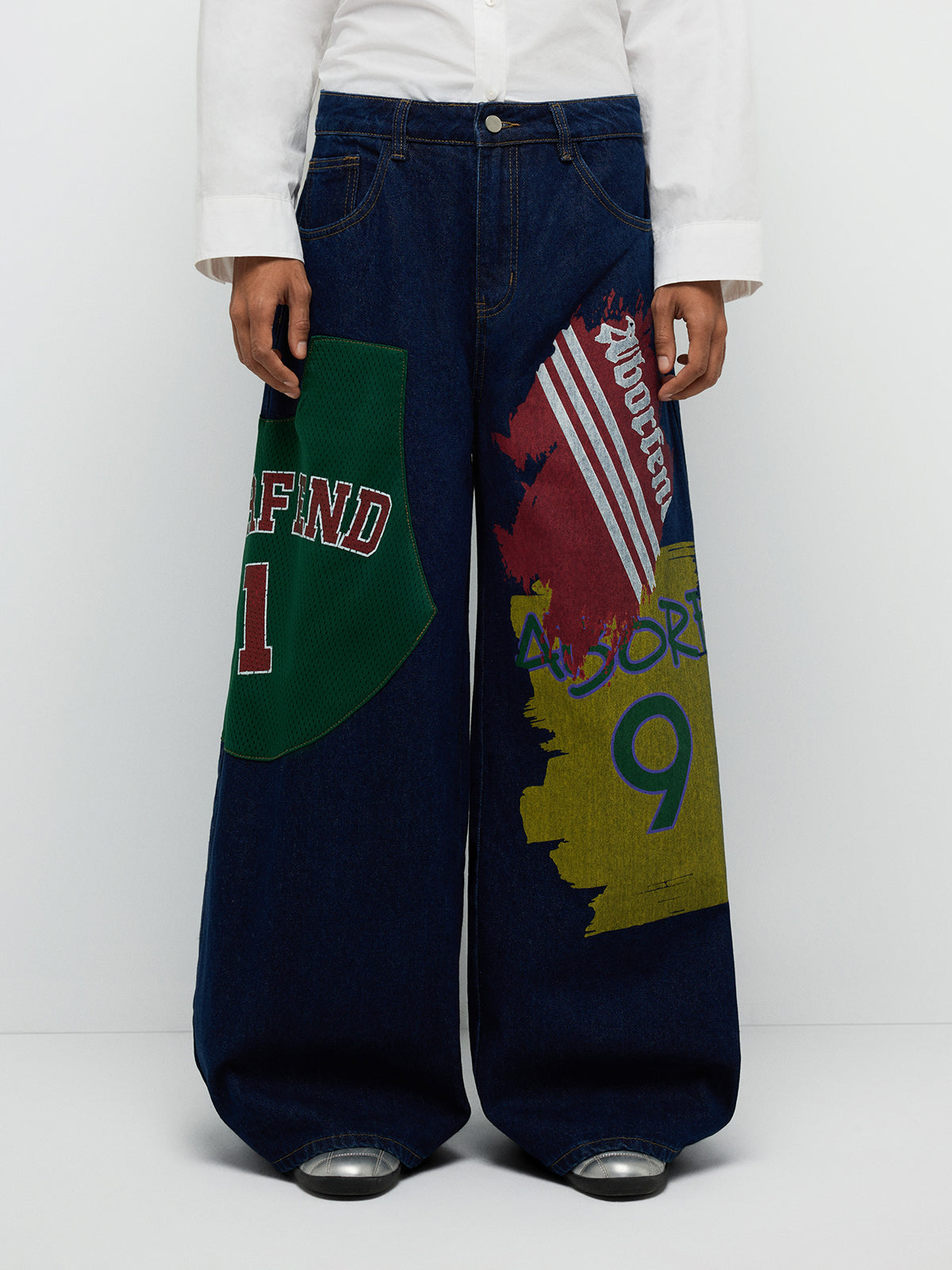 Patchwork Wide-Leg Denim Jeans – Denim Blue