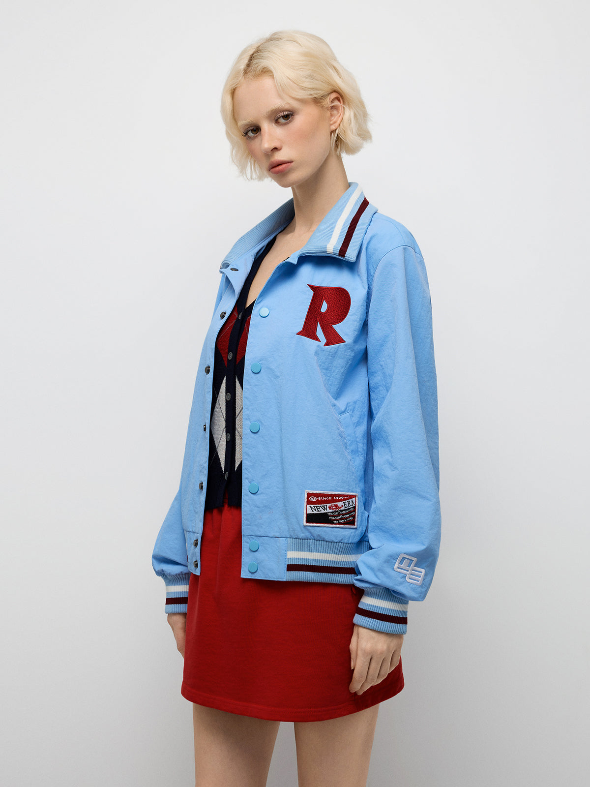 Skyline Note Varsity Jacket - Light Blue