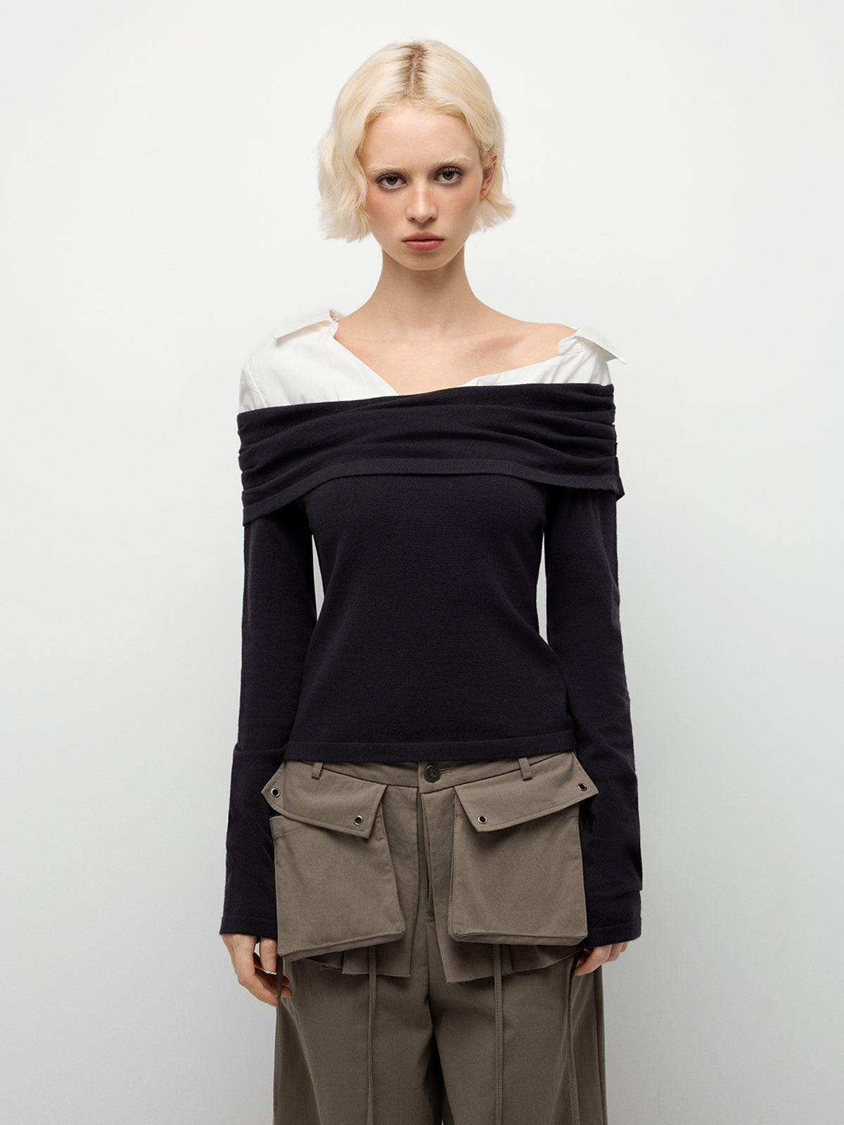 Whisper Fold Knit Top – Charcoal Ivory