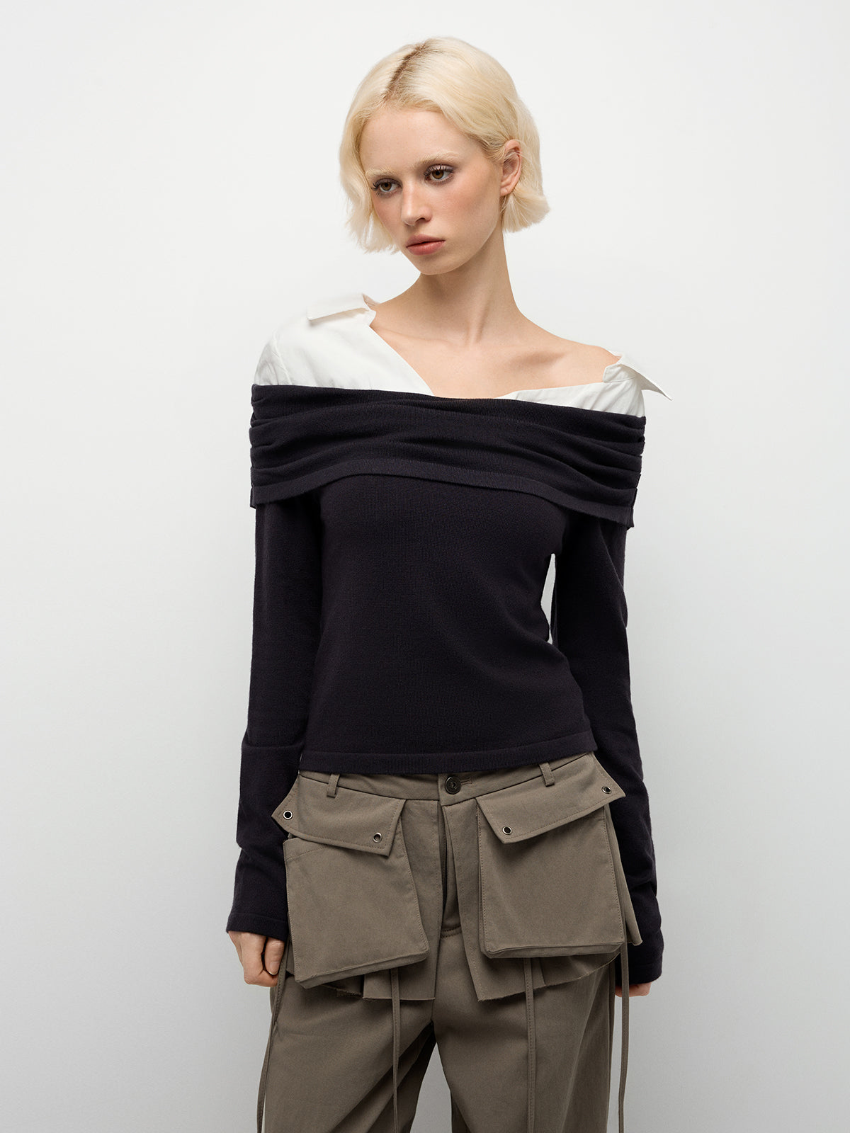 Whisper Fold Knit Top – Charcoal Ivory