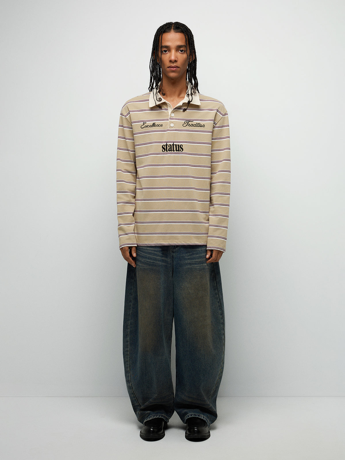 Rulebook Polo Sweatshirt - Cream Stripe