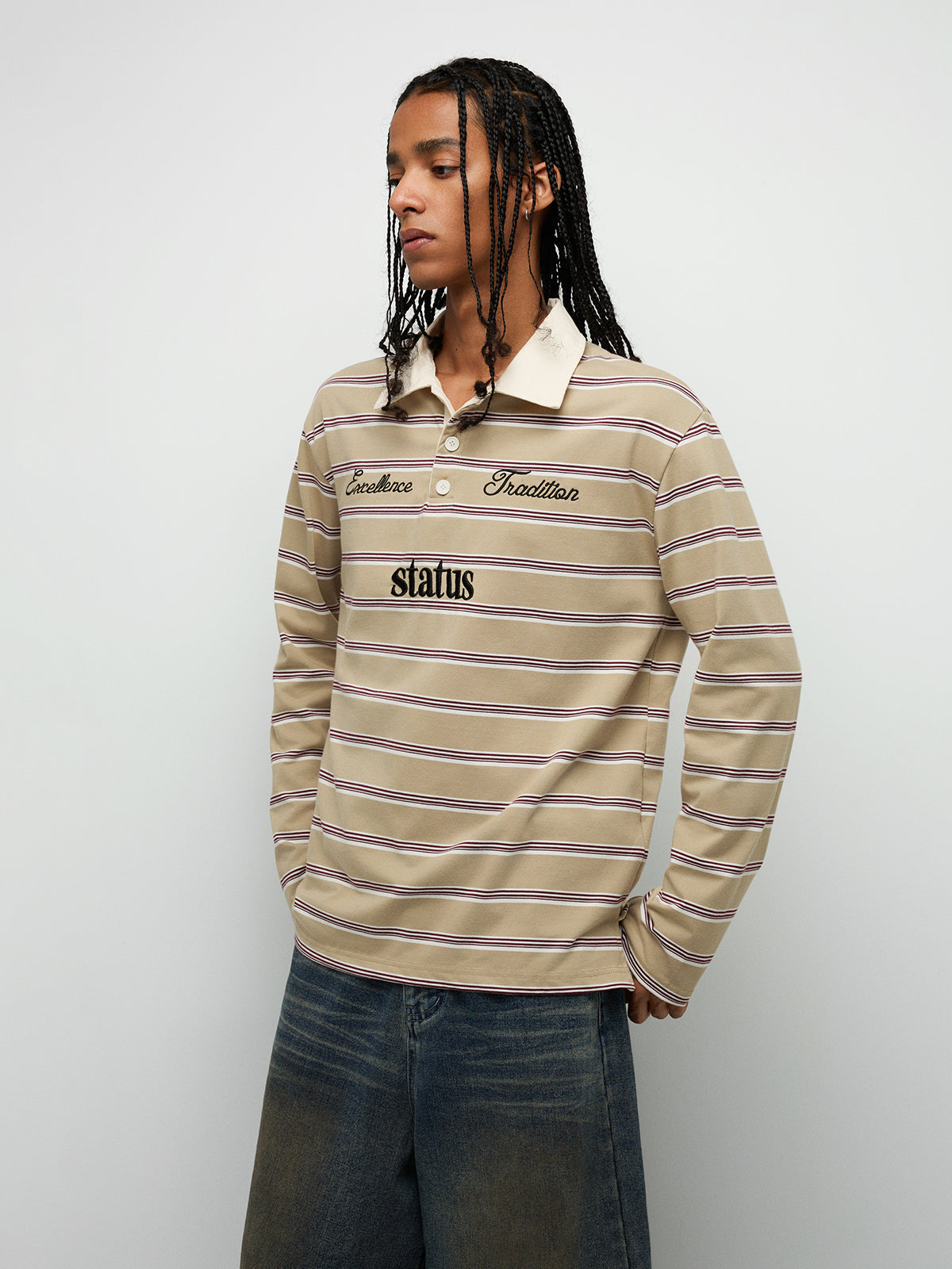 Rulebook Polo Sweatshirt - Cream Stripe