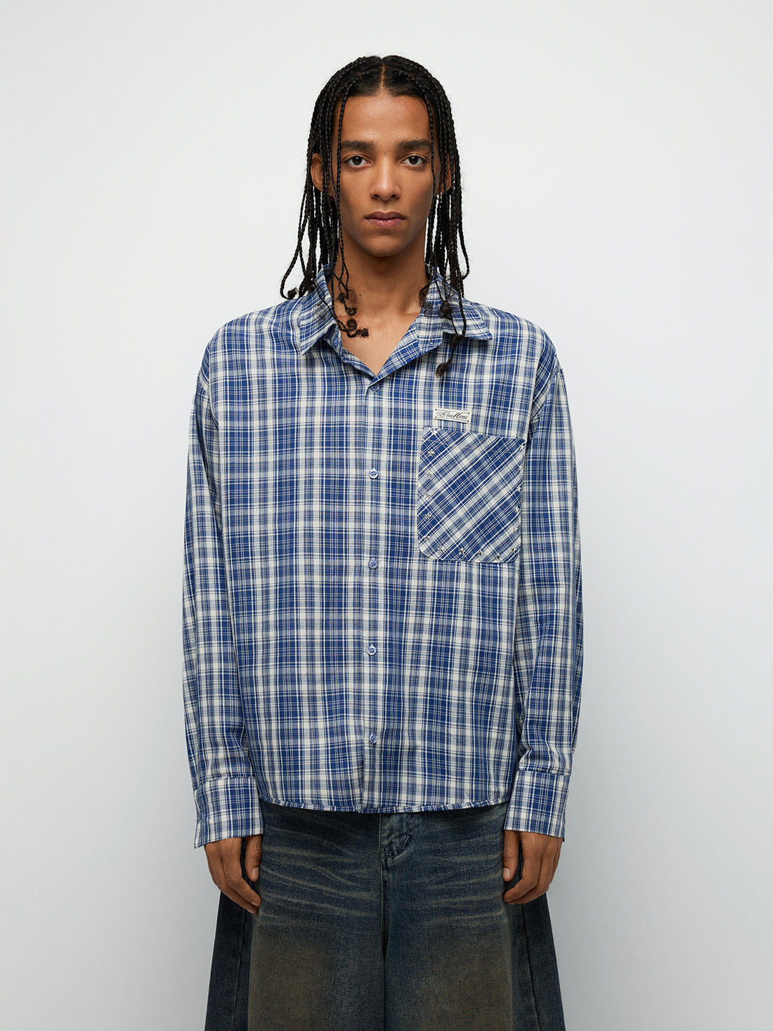 Blue Plaid Embroidered Detail Shirt – Navy Blue