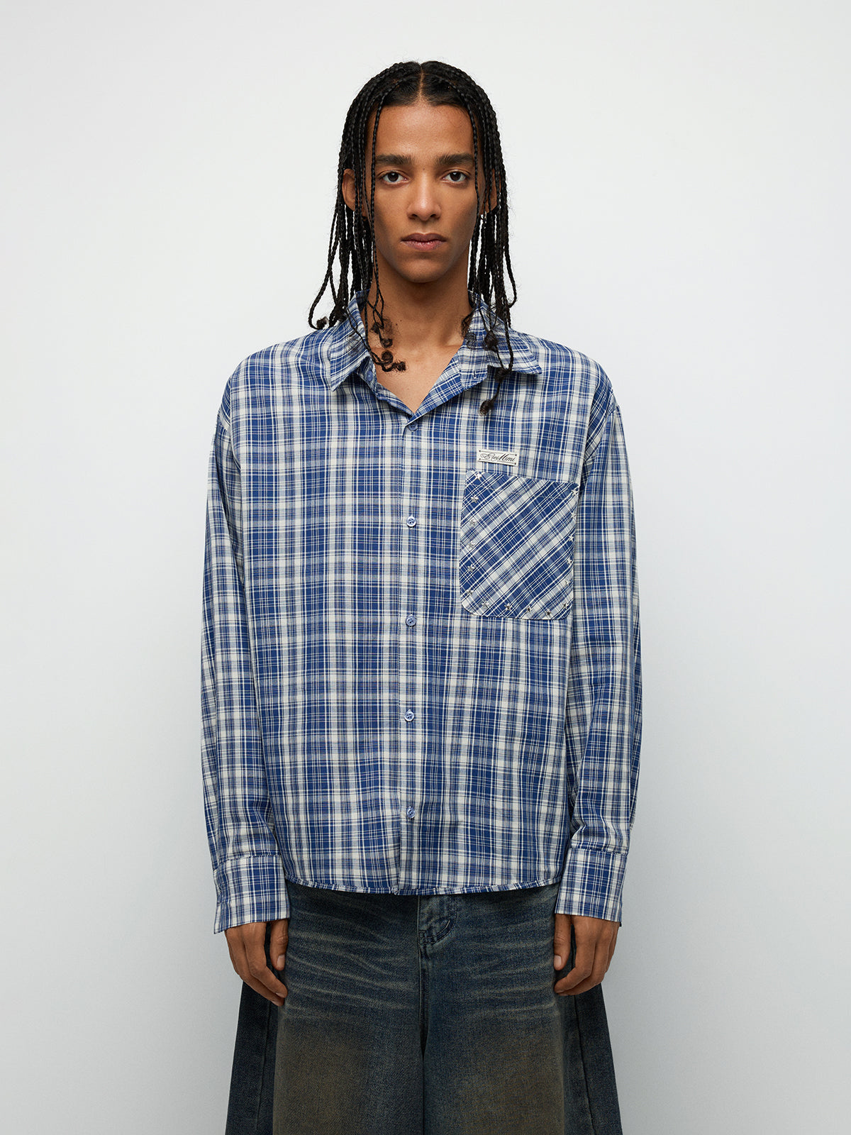 Blue Plaid Embroidered Detail Shirt – Navy Blue