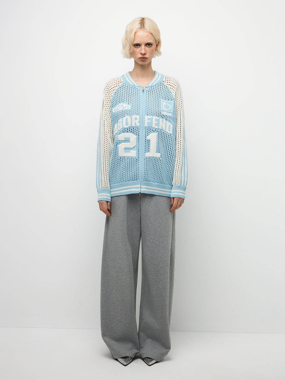 Mesh-Knit Zip-Up Knit Varsity Jacket – Powder Blue