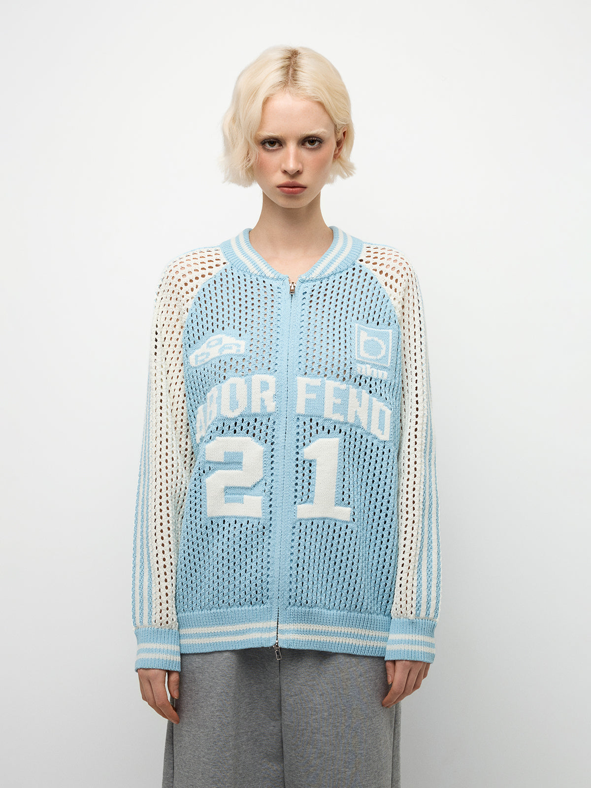 Mesh-Knit Zip-Up Knit Varsity Jacket – Powder Blue