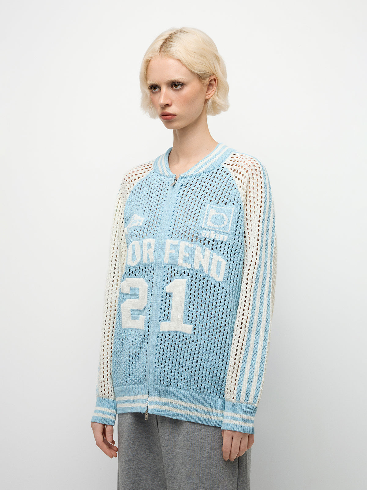 Mesh-Knit Zip-Up Knit Varsity Jacket – Powder Blue