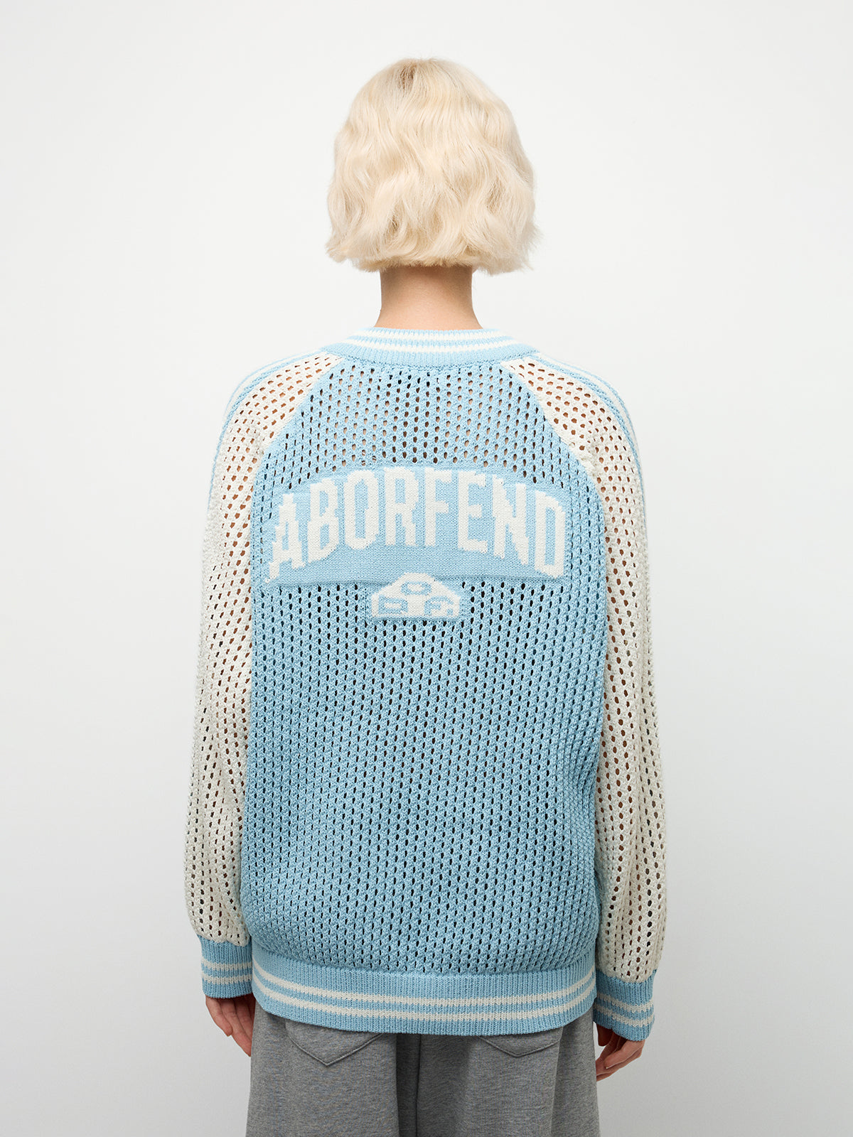 Mesh-Knit Zip-Up Knit Varsity Jacket – Powder Blue