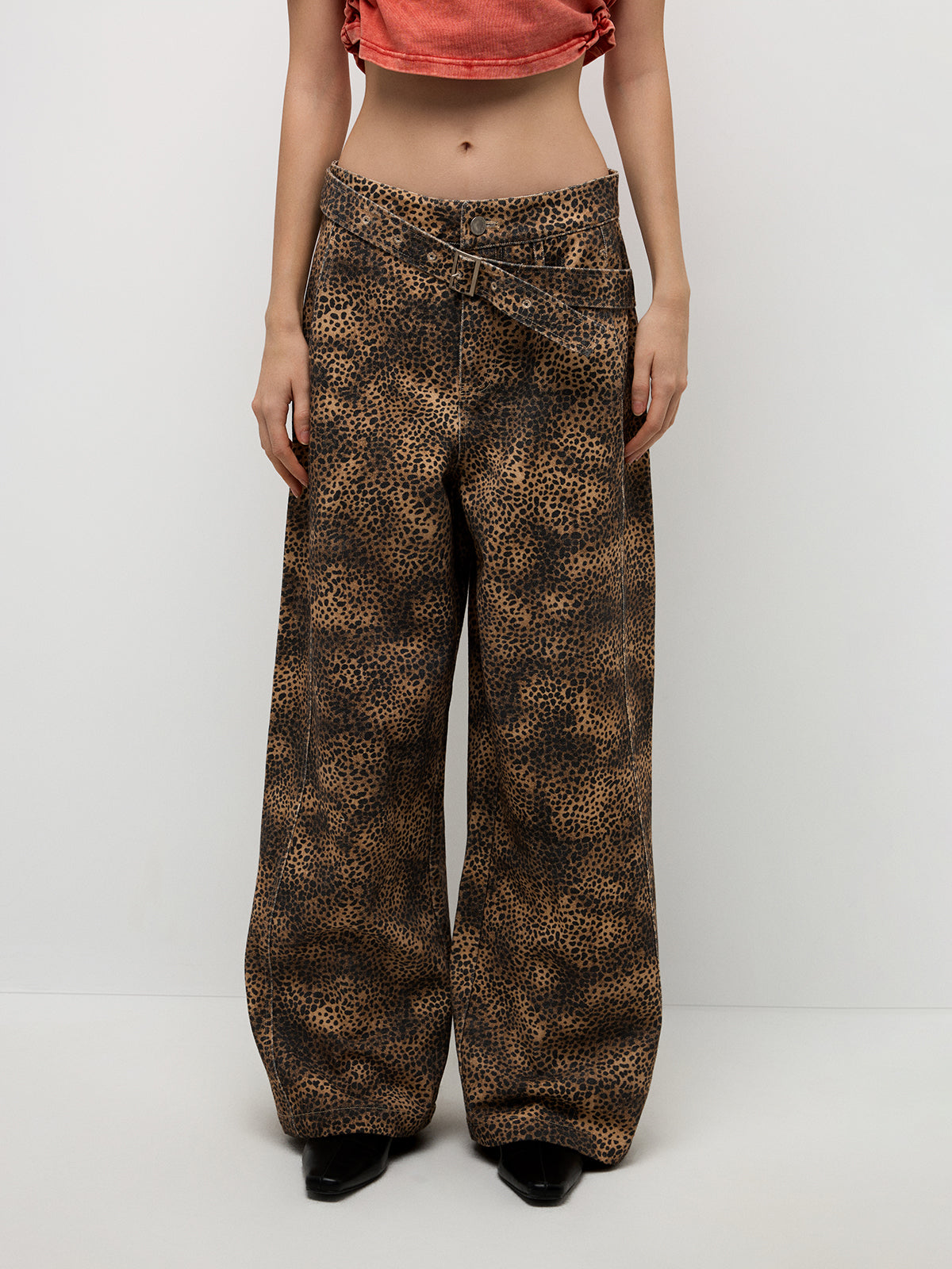 Leopard Wide-Leg Cargo Pants - Brown Black