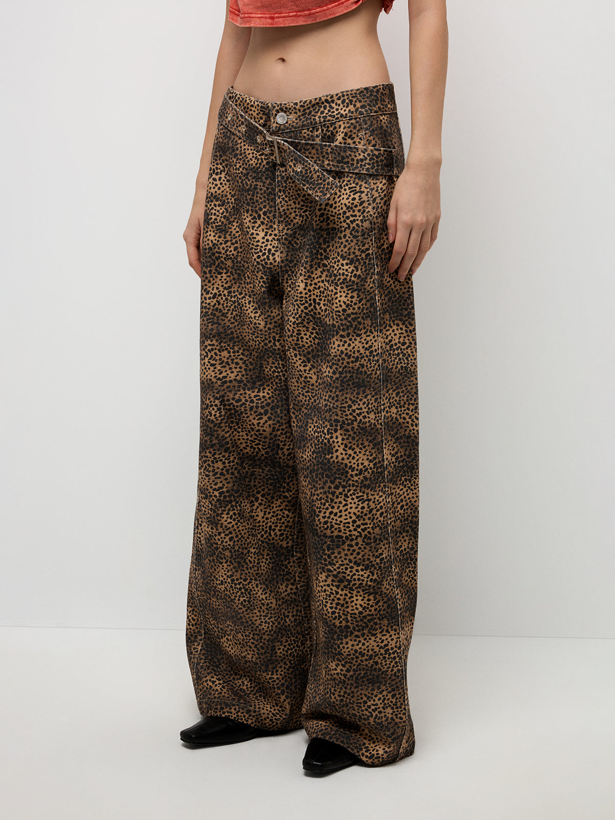 Leopard Wide-Leg Cargo Pants - Brown Black