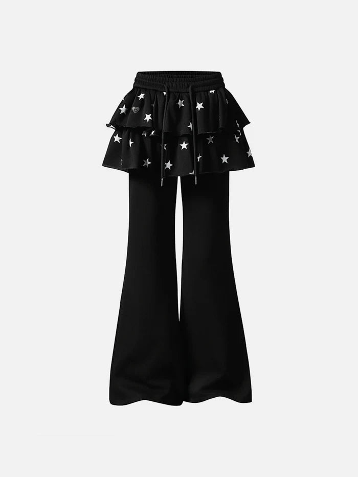 Co-ed Dorm Skimming Ruffle Trim Flare Maxi Pants - Black