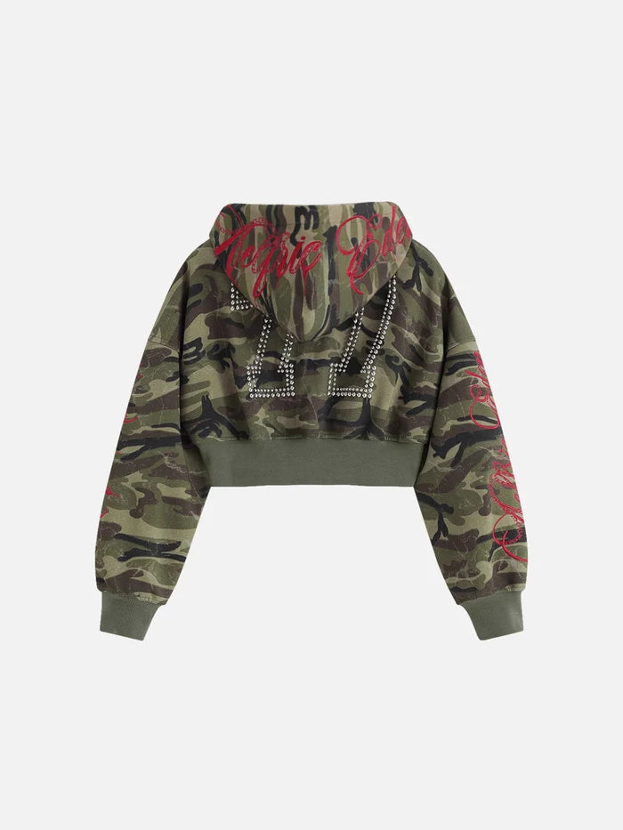 Weekday Outdoor Skimming Camouflage Cropped Zip Jacket - Green