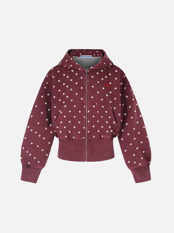 Co-ed Dorm Baggy Star Pattern Zip Hoodie - Red