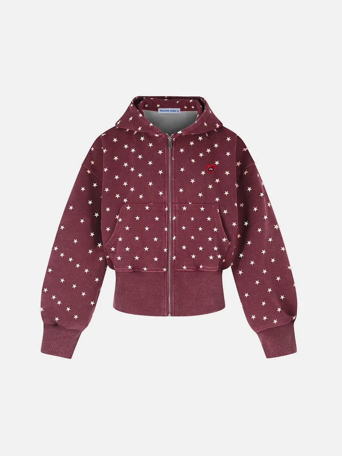 Co-ed Dorm Baggy Star Pattern Zip Hoodie - Red