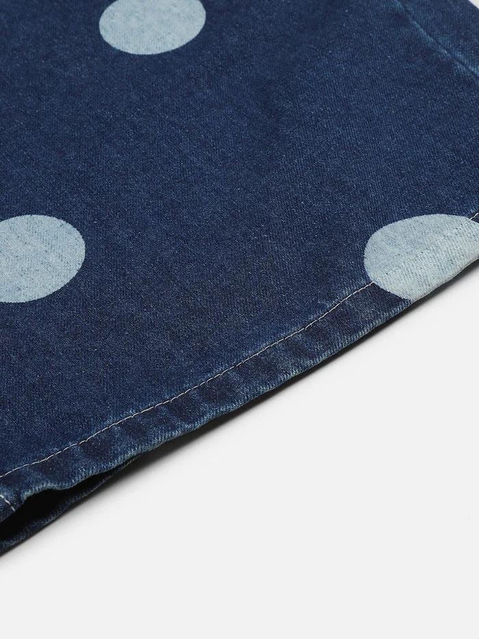 Co-ed Dorm Wide-leg Star Print Denim Maxi Pants - Blue