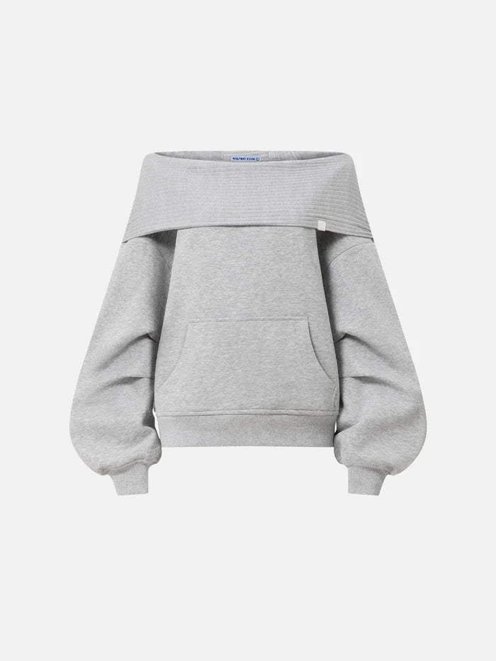 Co-ed Dorm Skimming Off-Shoulder Fold-over Top - Grey