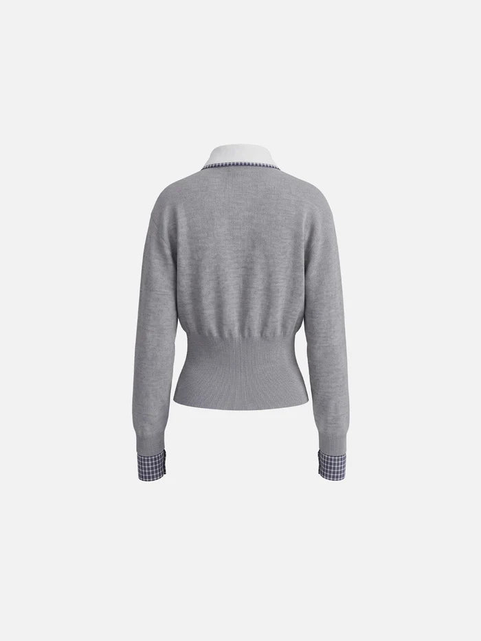 American Club Skimming Contrast Collar Long Sleeve Top - Grey