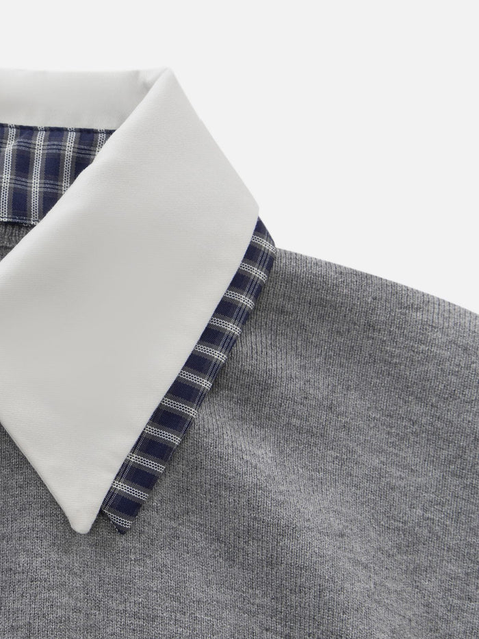 American Club Skimming Contrast Collar Long Sleeve Top - Grey