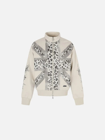 American Club Skimming Graphic Embroidered Zip-up Top - Beige