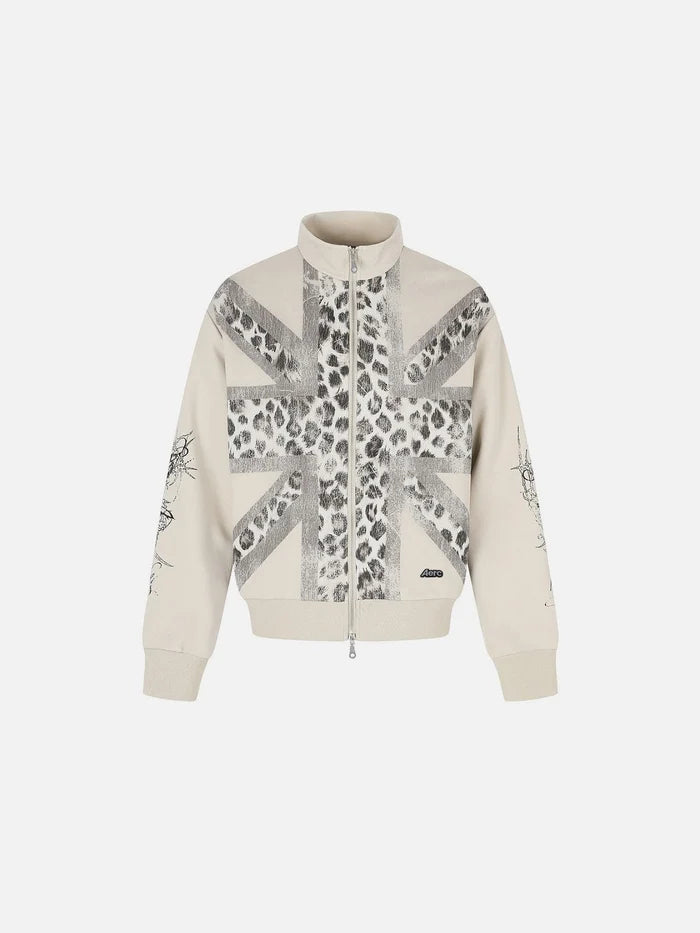 American Club Skimming Graphic Embroidered Zip-up Top - Beige