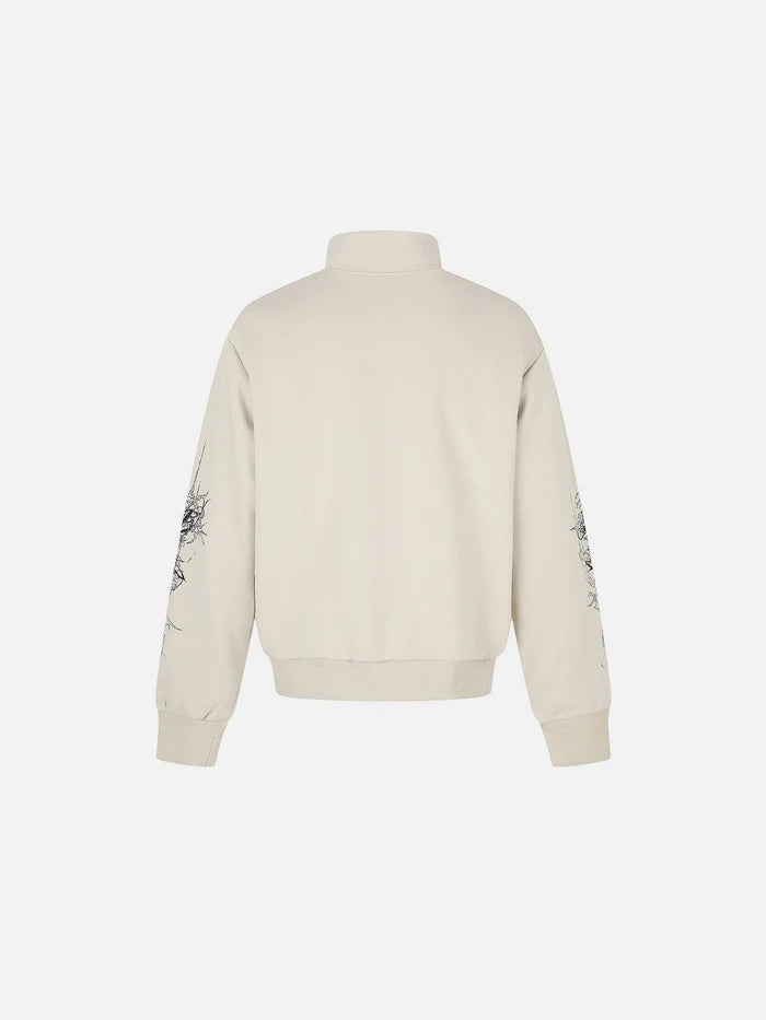 American Club Skimming Graphic Embroidered Zip-up Top - Beige