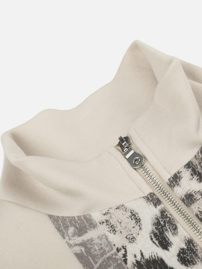 American Club Skimming Graphic Embroidered Zip-up Top - Beige