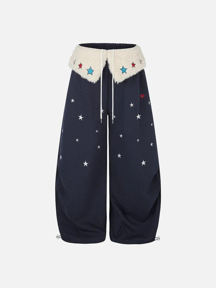 Co-ed Dorm Wide-leg Double-Waistband Denim Maxi Pants - Blue