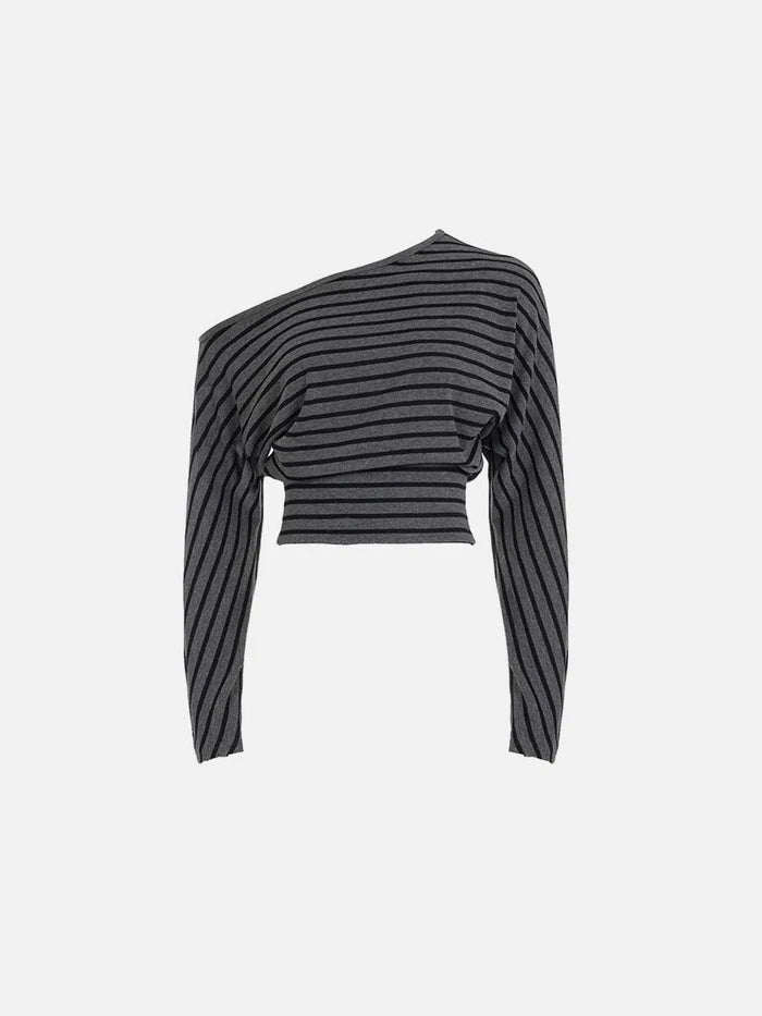 Co-ed Dorm Skimming Striped Two-Piece Top Set - Grey