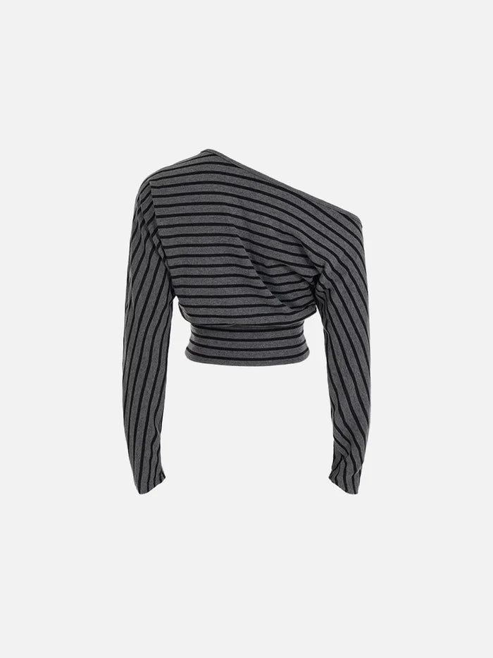 Co-ed Dorm Skimming Striped Two-Piece Top Set - Grey