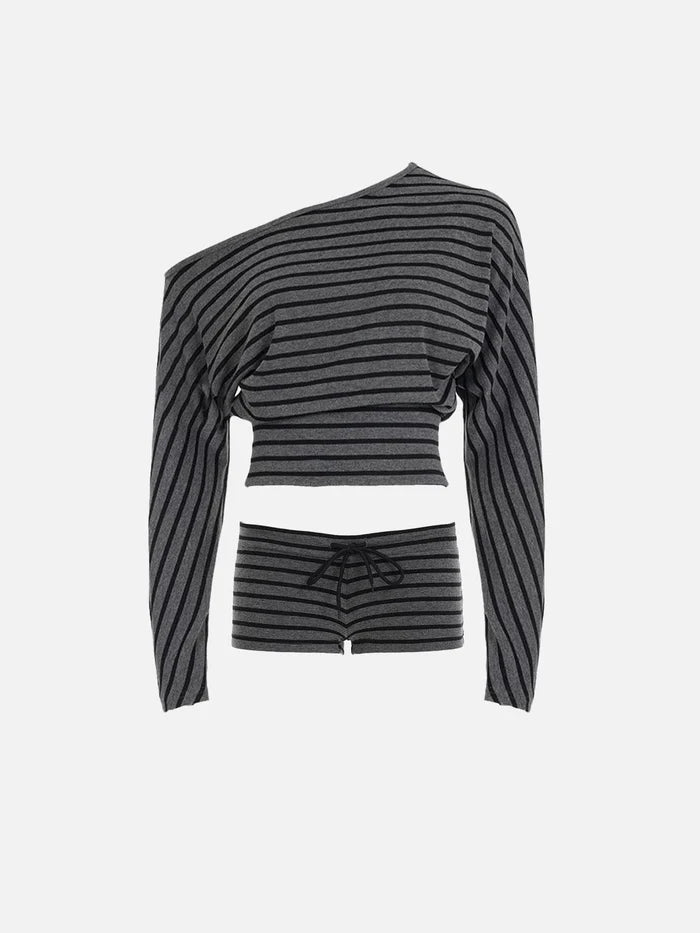 Co-ed Dorm Skimming Striped Two-Piece Top Set - Grey